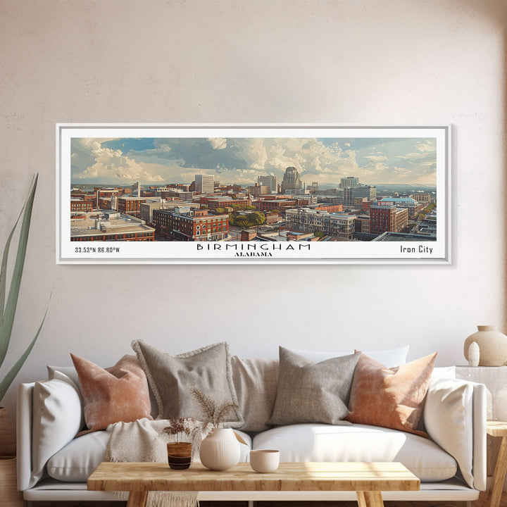 Birmingham Alabama Panoramic Painting, Watercolor Framed Canvas Print, Scenic City Art, Travel Poster, Wall Decor, Living Room Art, Gift Idea