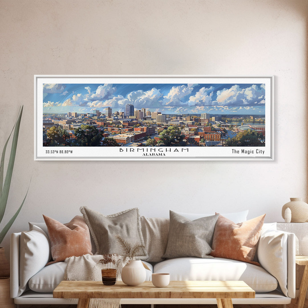 Birmingham Alabama Panoramic Watercolor Painting, Framed Canvas Print, Scenic City Art, Travel Poster, Home Decor, Wall Art, Office Wall Art