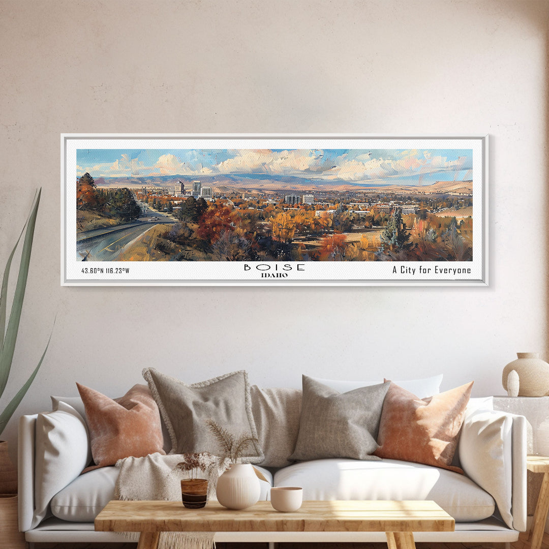 Boise Idaho Panoramic Painting, Watercolor Framed Canvas Print, Scenic City Art, Travel Poster, Home Decor, Wall Hanging, Living Room Art