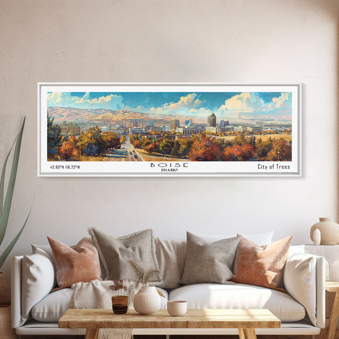 Boise Idaho Panoramic Watercolor Painting, Framed Canvas Print, Scenic City Art, Travel Poster, Wall Decor, Living Room Art, Gift Idea