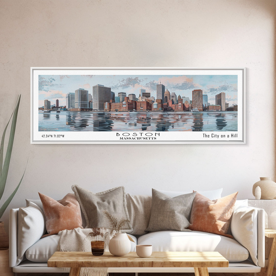 Boston Massachusetts Panoramic Painting, Watercolor Framed Canvas Print, Scenic City Art, Travel Poster, Home Decor, Wall Art, Office Wall Art
