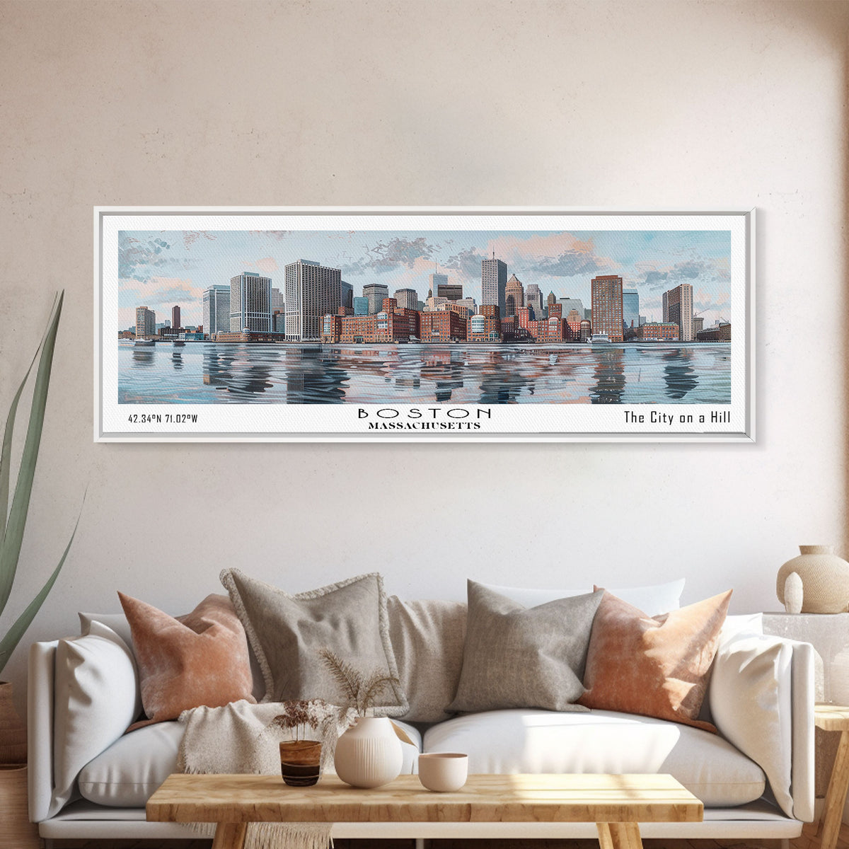 Boston Massachusetts Panoramic Painting, Watercolor Framed Canvas Print, Scenic City Art, Travel Poster, Home Decor, Wall Art, Office Wall Art