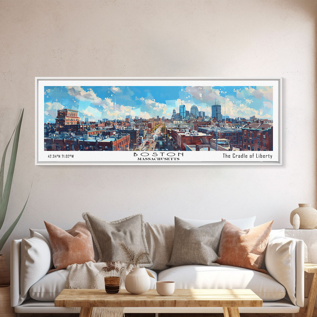 Boston Massachusetts Panoramic Watercolor Painting, Framed Canvas Print, Scenic City Art, Travel Poster, Home Decor, Wall Hanging, Living Room Art
