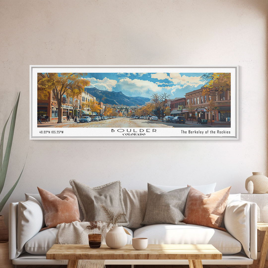 Boulder Colorado Panoramic Painting, Watercolor Framed Canvas Print, Scenic City Art, Travel Poster, Wall Decor, Living Room Art, Gift Idea