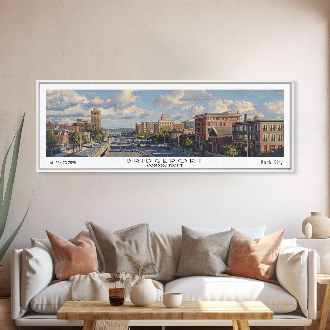 Bridgeport Connecticut Panoramic Painting, Watercolor Framed Canvas Print, Scenic City Art, Travel Poster, Home Decor, Wall Art, Office Wall Art