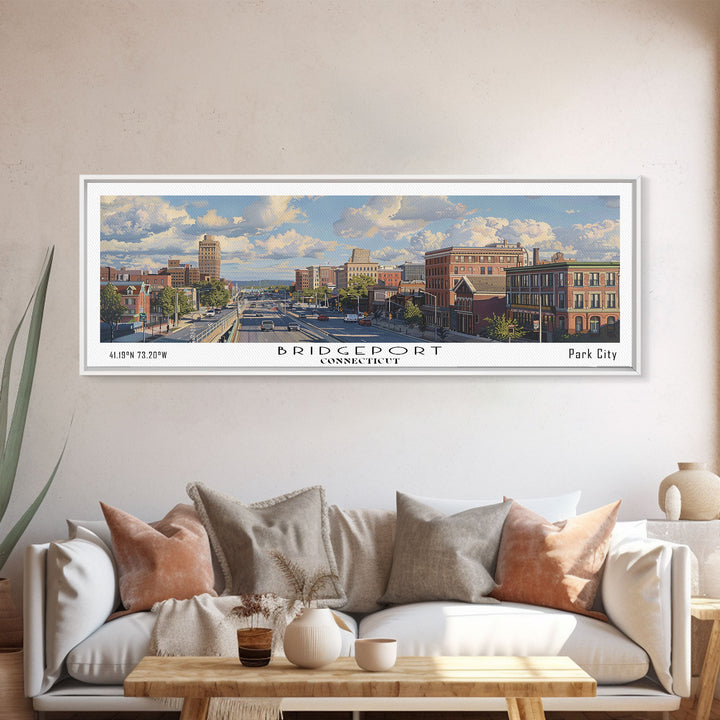 Bridgeport Connecticut Panoramic Painting, Watercolor Framed Canvas Print, Scenic City Art, Travel Poster, Home Decor, Wall Art, Office Wall Art