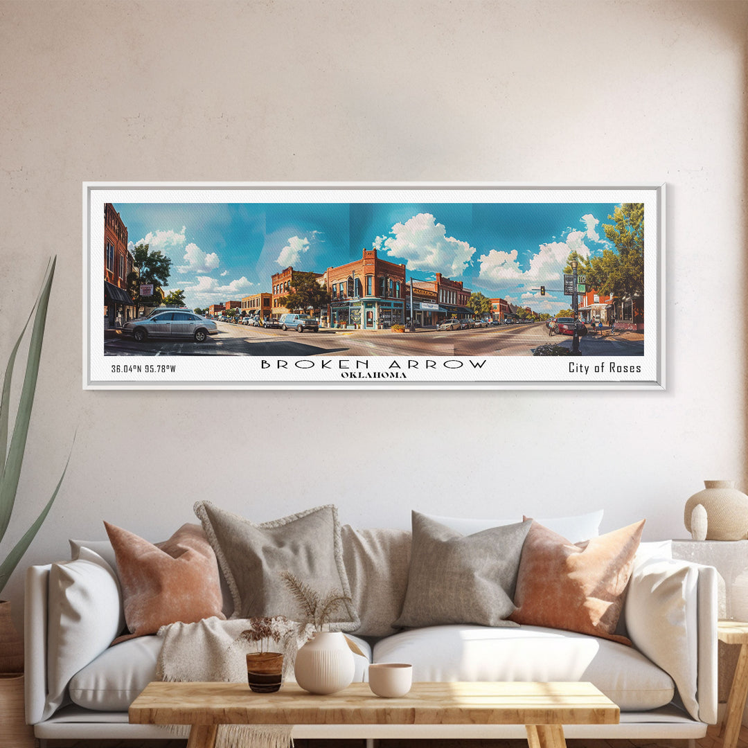 Broken Arrow Oklahoma Panoramic Painting, Watercolor Framed Canvas Print, Scenic City Art, Travel Poster, Home Decor, Wall Hanging, Living Room Art