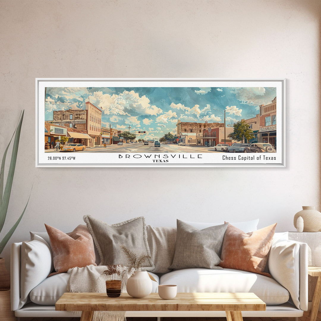 Brownsville Texas Panoramic Painting, Watercolor Framed Canvas Print, Scenic City Art, Travel Poster, Wall Decor, Living Room Art, Gift Idea