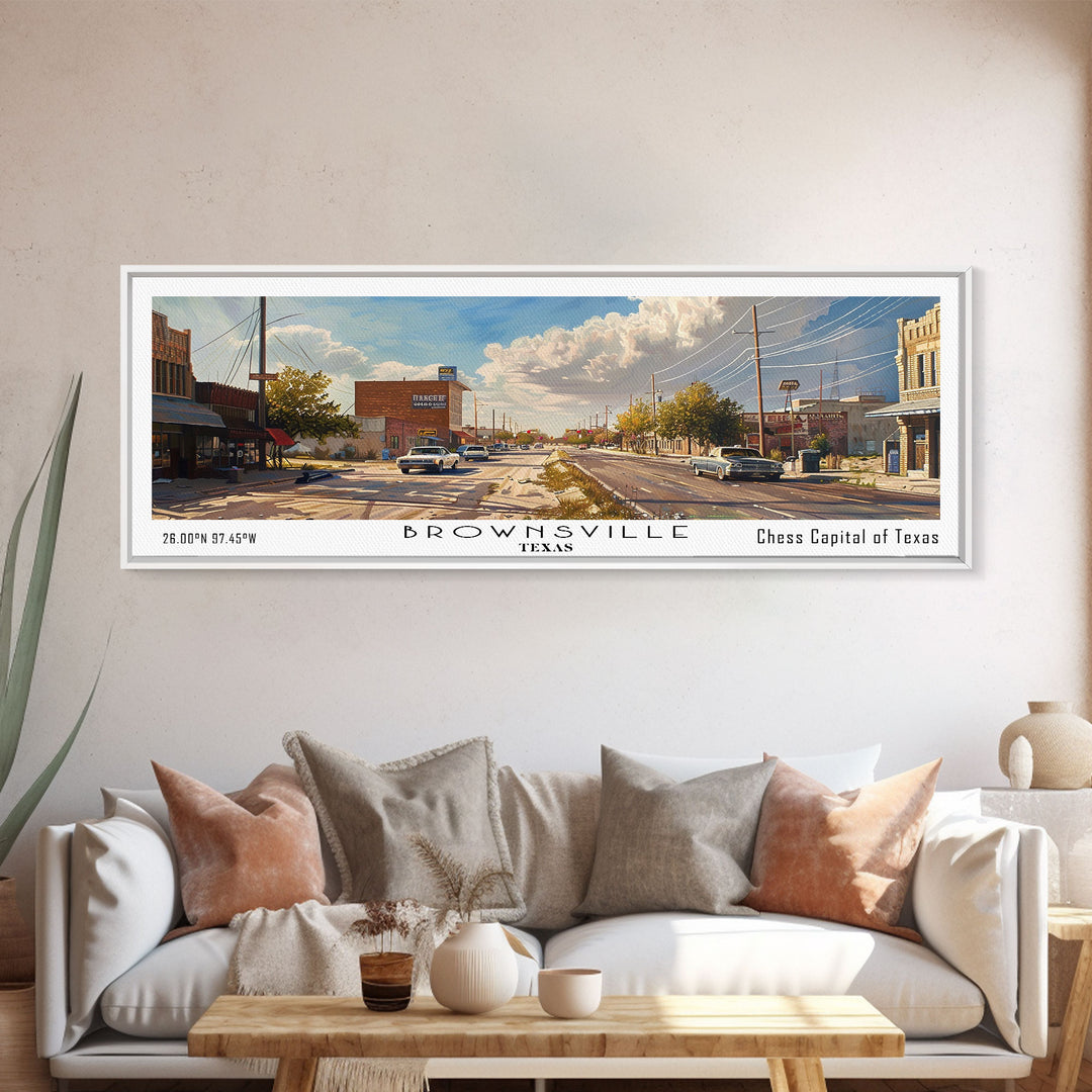 Brownsville Texas Panoramic Watercolor Painting, Framed Canvas Print, Scenic City Art, Travel Poster, Home Decor, Wall Art, Office Wall Art