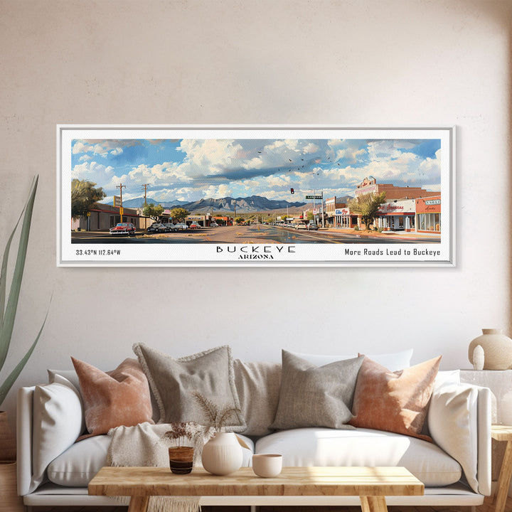 Buckeye Arizona Panoramic Watercolor Painting Framed Canvas Print, Travel Poster Art, Home Decor, Vibrant Arizona Cityscape, Office Decoration, Living Room Wall Art, Unique Gift