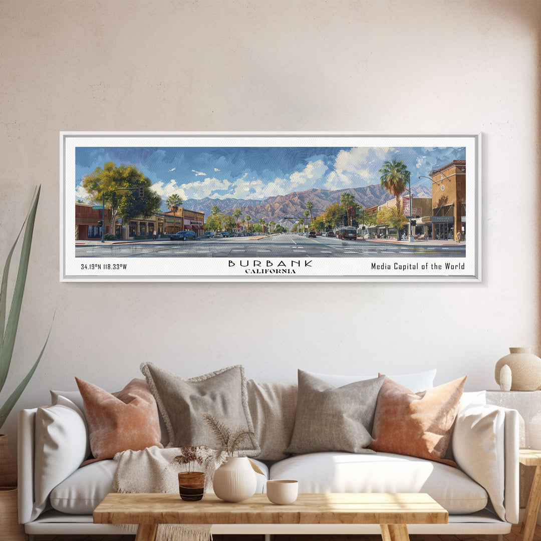 Burbank California Panoramic Watercolor Painting Framed Canvas Print, Travel Poster Art, Home Decor, Charming Cityscape, Bedroom Wall Art, Office Decoration, Gift for Travelers