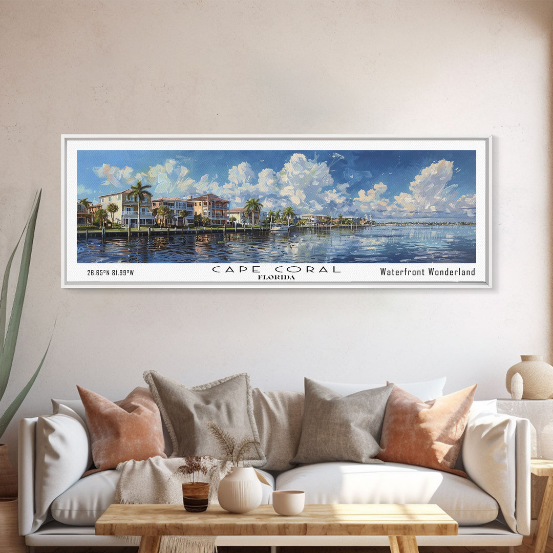 Cape Coral Florida Panoramic Watercolor Painting Framed Canvas Print, Travel Poster Art, Coastal Cityscape, Living Room Decor, Wall Hanging, Office Art, Unique Gift Idea