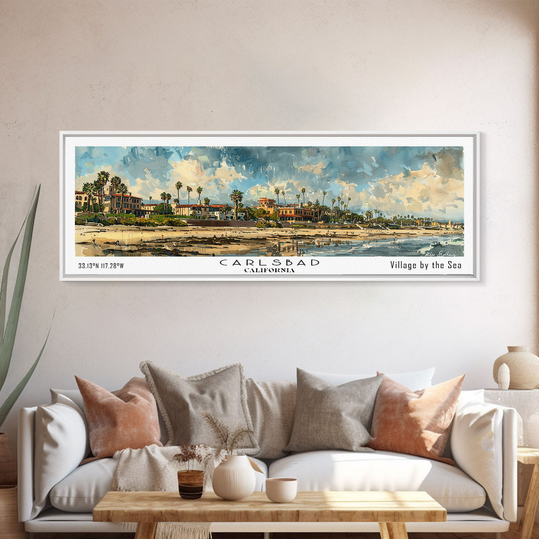 Carlsbad California Panoramic Watercolor Painting Framed Canvas Print, Travel Poster Art, Coastal Home Decor, Picturesque Cityscape, Wall Art for Bedroom, Office Wall Decoration, Travel Enthusiast Gift