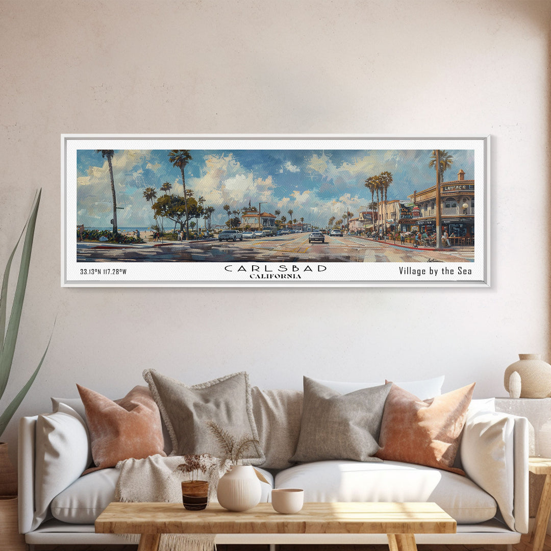 Carlsbad California Panoramic Watercolor Style Framed Canvas Print, Coastal Travel Poster, Home Decor, Picturesque Seascape, Office Wall Art, Living Room Decoration, Unique Gift Idea