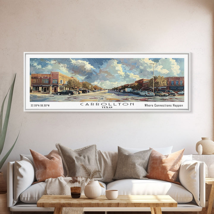 Carrolton Texas Panoramic Watercolor Painting Framed Canvas Print, Travel Poster Art, Home Decor, Texas City Landscape, Bedroom Wall Art, Office Decoration, Texas-Themed Gift