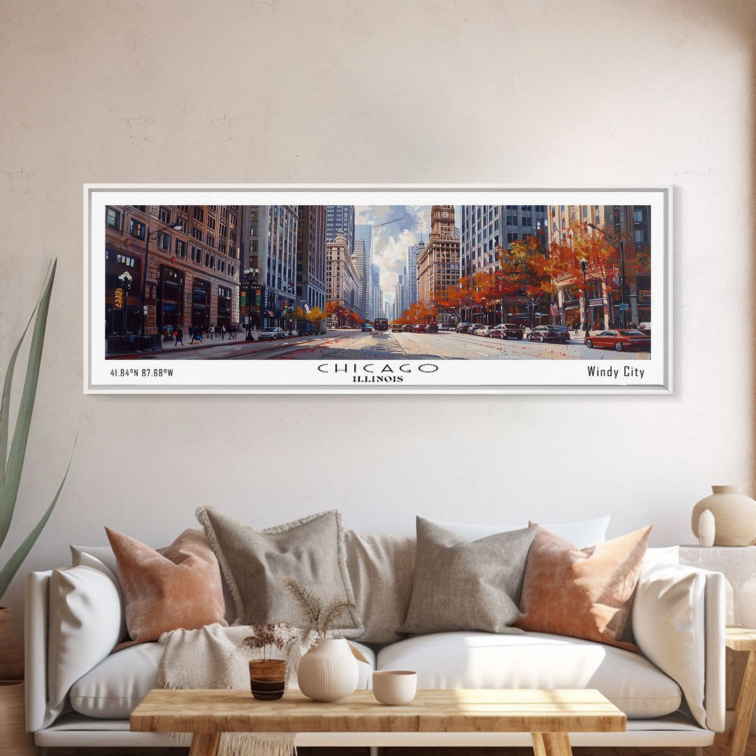 Chicago Illinois Panoramic Watercolor Painting Framed Canvas Print, Travel Poster Art, Urban Cityscape, Home Decor, Living Room Wall Art, Office Decoration, Gift for Chicago Lovers