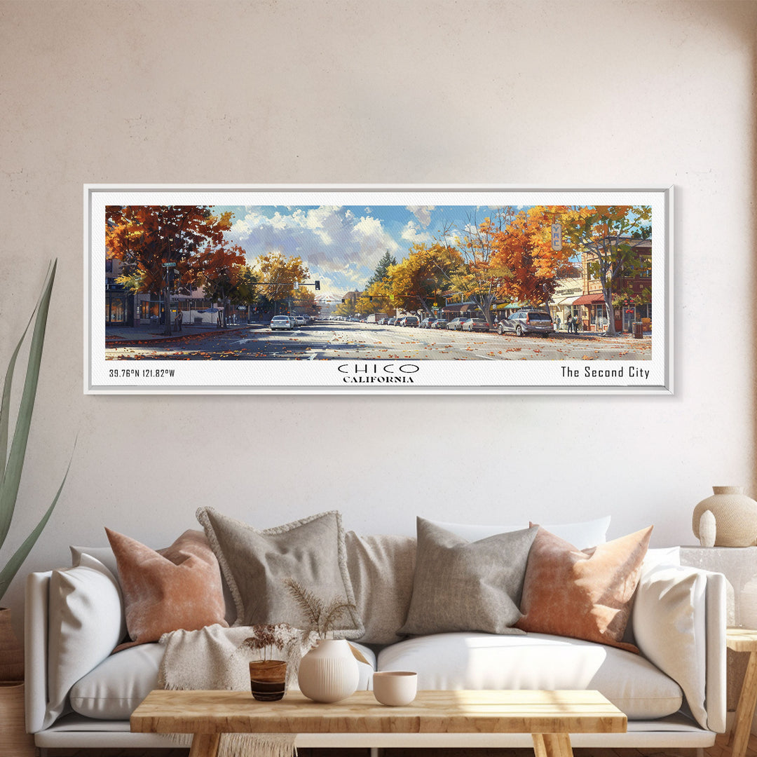 Chico California Panoramic Watercolor Painting Framed Canvas Print, Travel Poster Art, Picturesque Landscape, Home Decor, Living Room Wall Art, Office Decoration, Unique Travel Gift