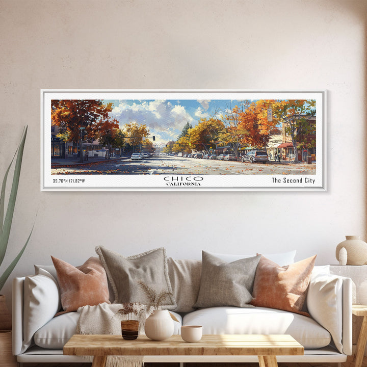 Chico California Panoramic Watercolor Painting Framed Canvas Print, Travel Poster Art, Picturesque Landscape, Home Decor, Living Room Wall Art, Office Decoration, Unique Travel Gift