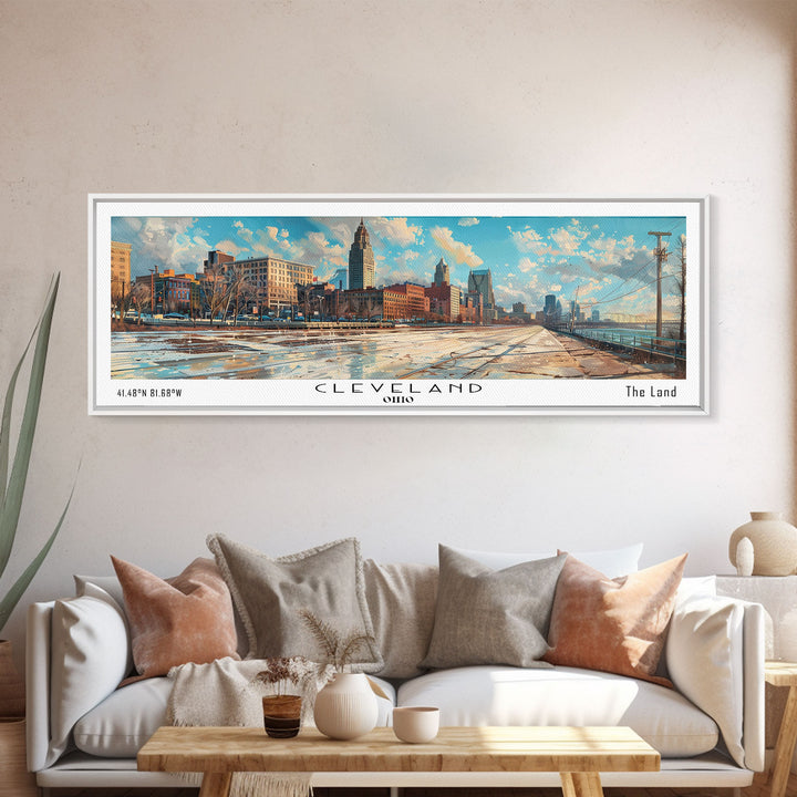 Cleveland Ohio Panoramic Watercolor Painting Framed Canvas Print, Travel Poster Art, Urban Cityscape, Home Decor, Living Room Wall Art, Office Decoration, Gift for Ohioans