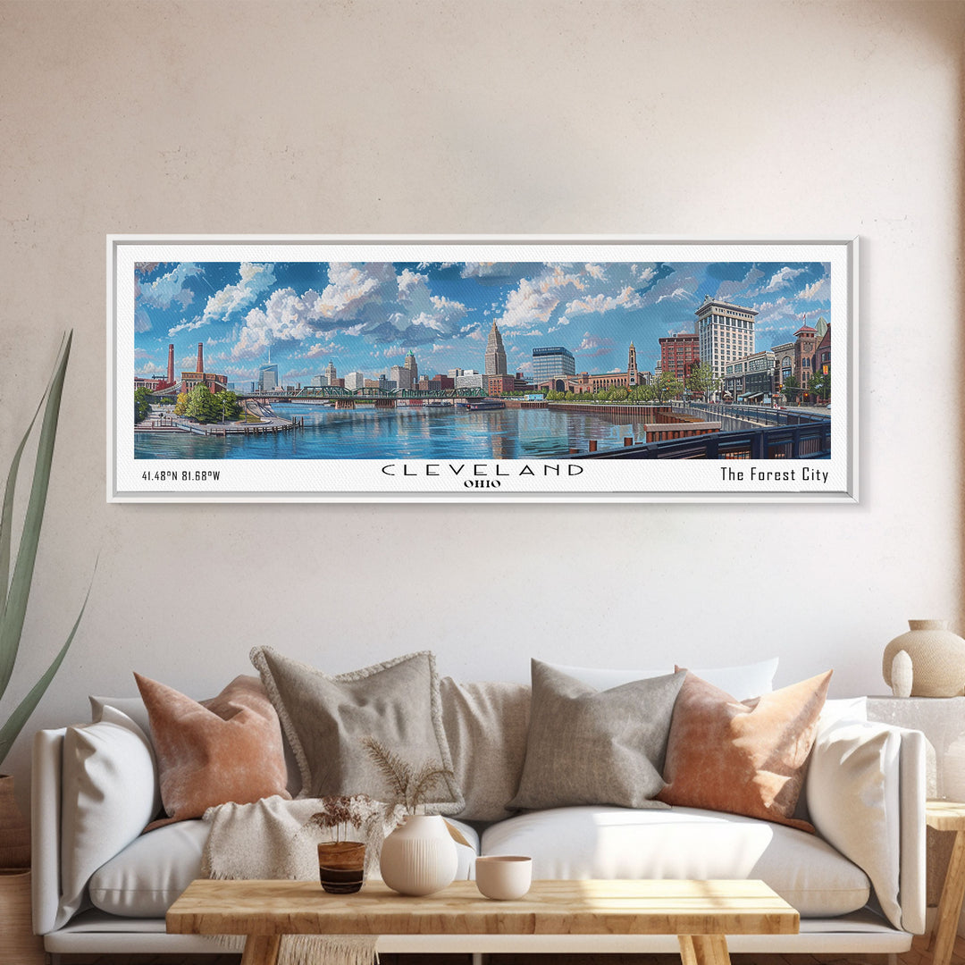 Cleveland Ohio Panoramic Watercolor Painting Framed Canvas Print, Travel Poster Art, Urban Landscape, Bedroom Wall Art, Living Room Decoration, Office Wall Art, Ohio-Themed Gift