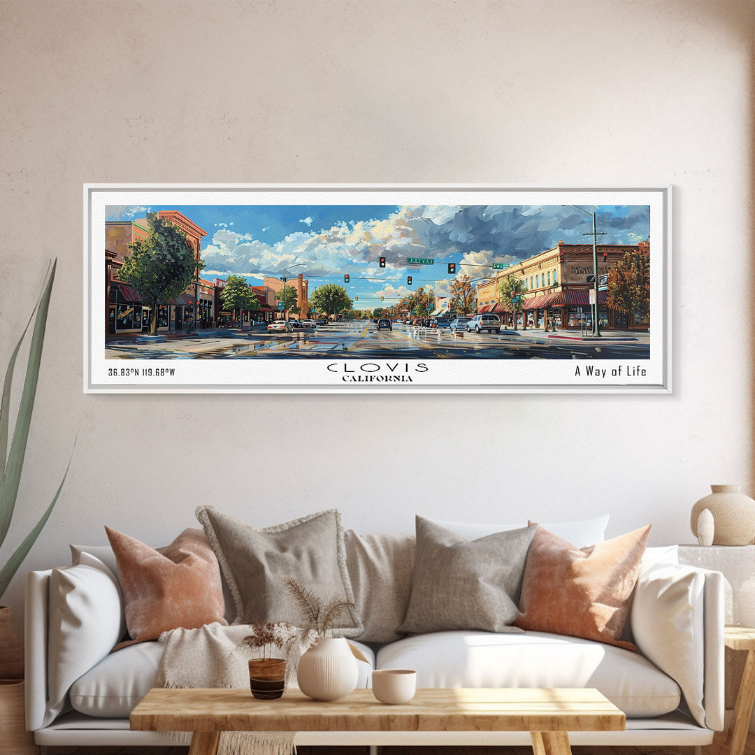 Clovis California Panoramic Watercolor Painting Framed Canvas Print, Travel Poster Art, Picturesque Landscape, Home Decor, Living Room Wall Art, Office Decoration, Unique Travel Gift