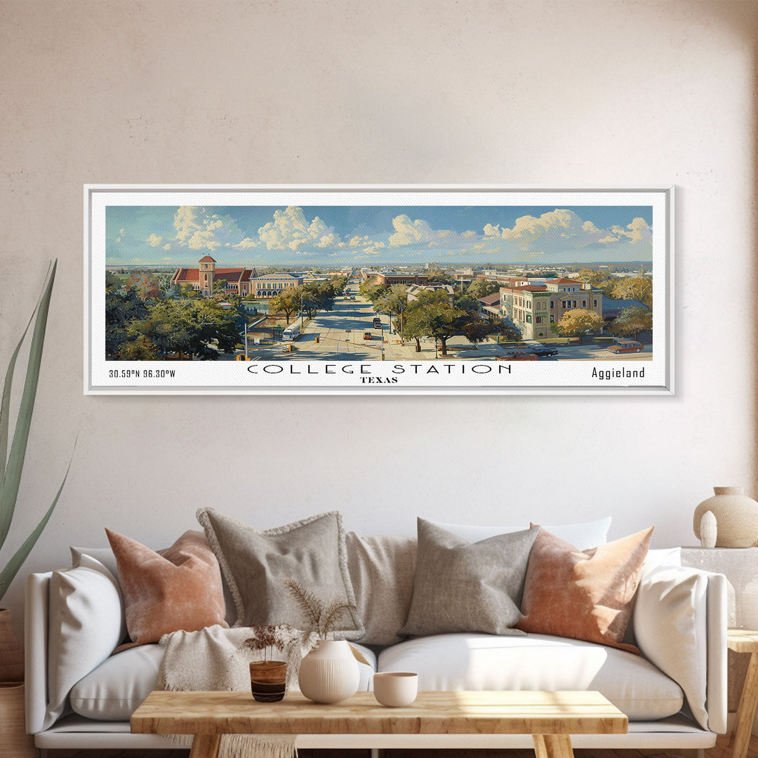 College Station Texas Panoramic Watercolor Painting Framed Canvas Print, Travel Poster Art, Cityscape, Living Room Decor, Wall Hanging, Office Art, Texas-Themed Gift