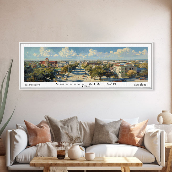 College Station Texas Panoramic Watercolor Painting Framed Canvas Print, Travel Poster Art, Cityscape, Living Room Decor, Wall Hanging, Office Art, Texas-Themed Gift