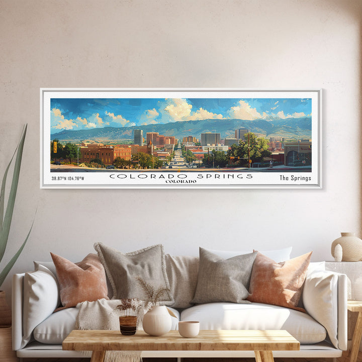 Colorado Springs Colorado Panoramic Watercolor Painting Framed Canvas Print, Travel Poster Art, Mountain Landscape, Home Decor, Bedroom Wall Art, Office Decoration, Colorado-Themed Gift