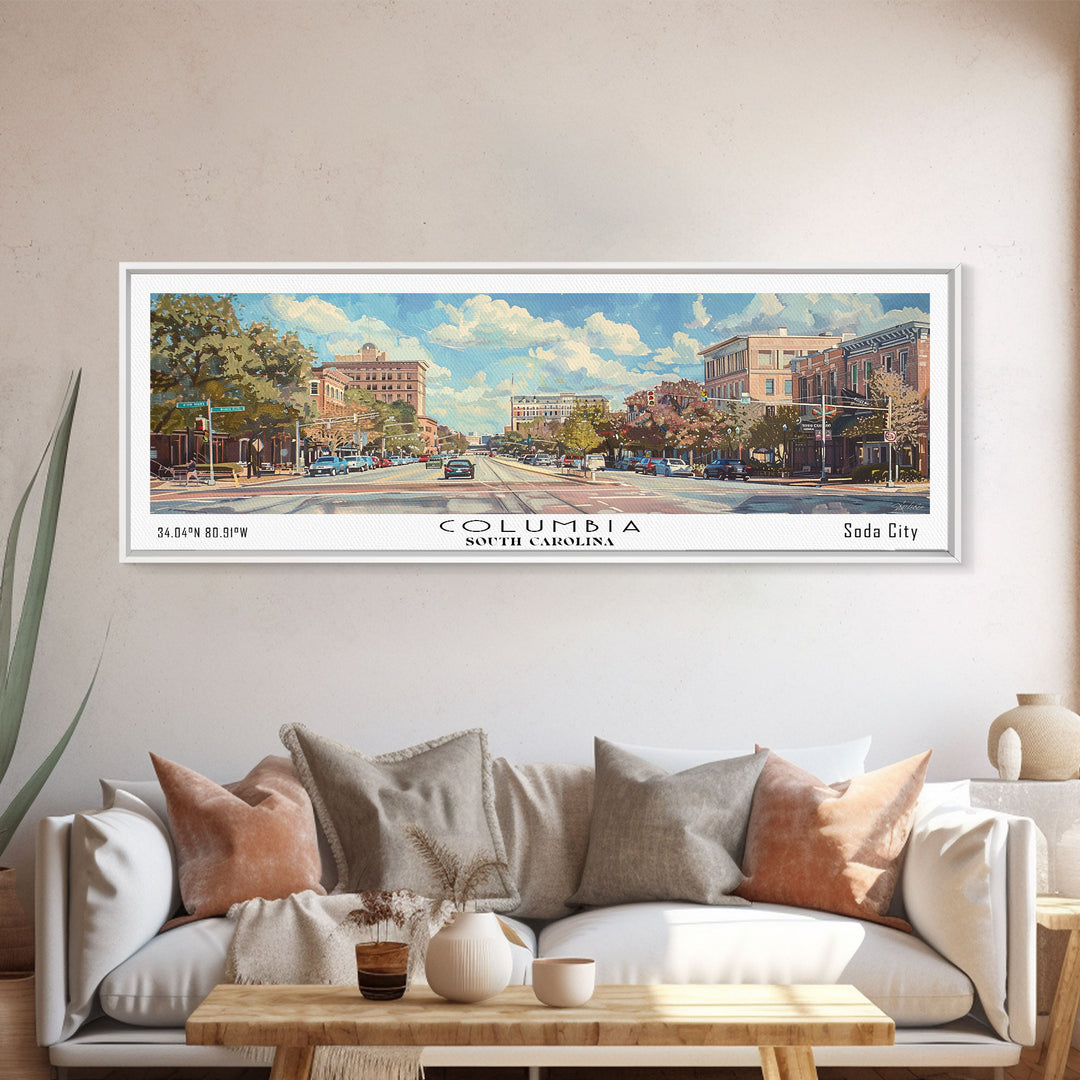 Columbia South Carolina Panoramic Watercolor Painting Framed Canvas Print, Travel Poster Art, Urban Cityscape, Living Room Decor, Wall Hanging, Office Art, Southern Charm Gift