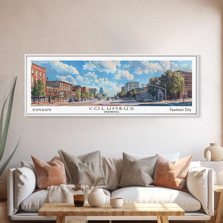 Columbus Georgia Panoramic Watercolor Painting Framed Canvas Print, Travel Poster Art, Picturesque Landscape, Home Decor, Living Room Wall Art, Office Decoration, Unique Travel Gift