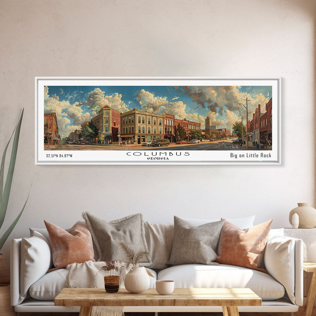 Columbus Georgia Panoramic Watercolor Painting Framed Canvas Print, Travel Poster Art, Urban Landscape, Bedroom Wall Art, Living Room Decoration, Office Wall Art, Georgia-Themed Gift
