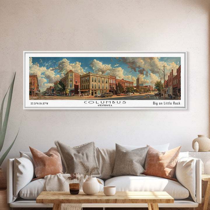 Columbus Georgia Panoramic Watercolor Painting Framed Canvas Print, Travel Poster Art, Urban Landscape, Bedroom Wall Art, Living Room Decoration, Office Wall Art, Georgia-Themed Gift