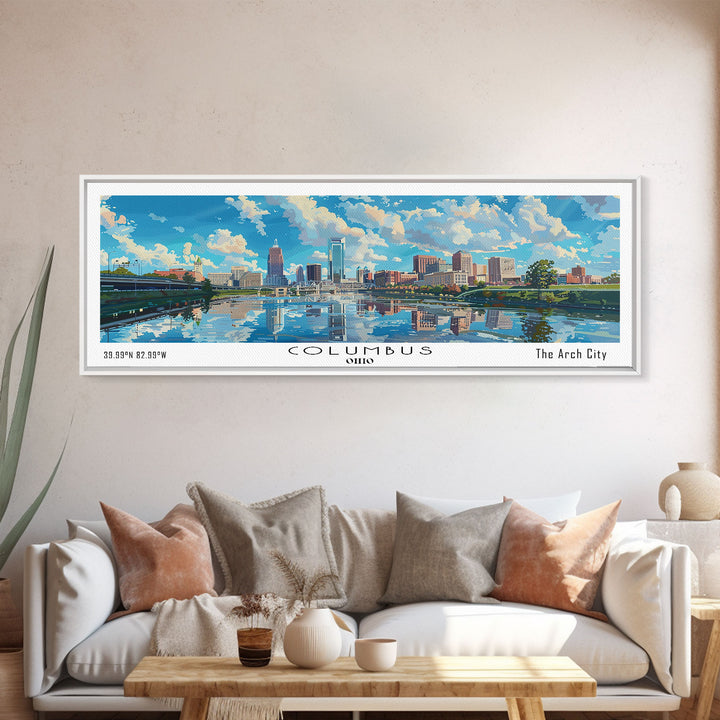 Columbus Ohio Panoramic Watercolor Painting Framed Canvas Print, Travel Poster Art, Urban Cityscape, Home Decor, Living Room Wall Art, Office Decoration, Gift for Ohioans