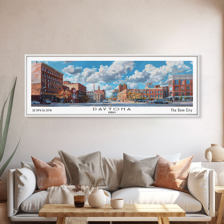 Daytona Ohio Panoramic Watercolor Painting, Scenic Framed Canvas Print, Urban Wall Art for Office, Travel Poster, Home Decor, City Gift Idea