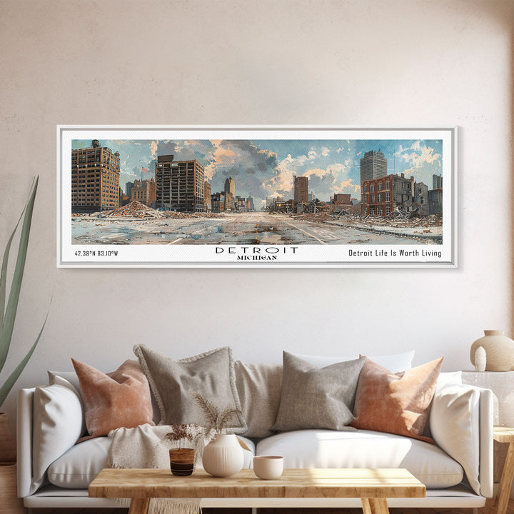 Detroit Michigan Panoramic Watercolor Painting, Scenic Framed Canvas Print, Urban Wall Art for Living Room, Travel Poster, Home Decor, City Gift Idea