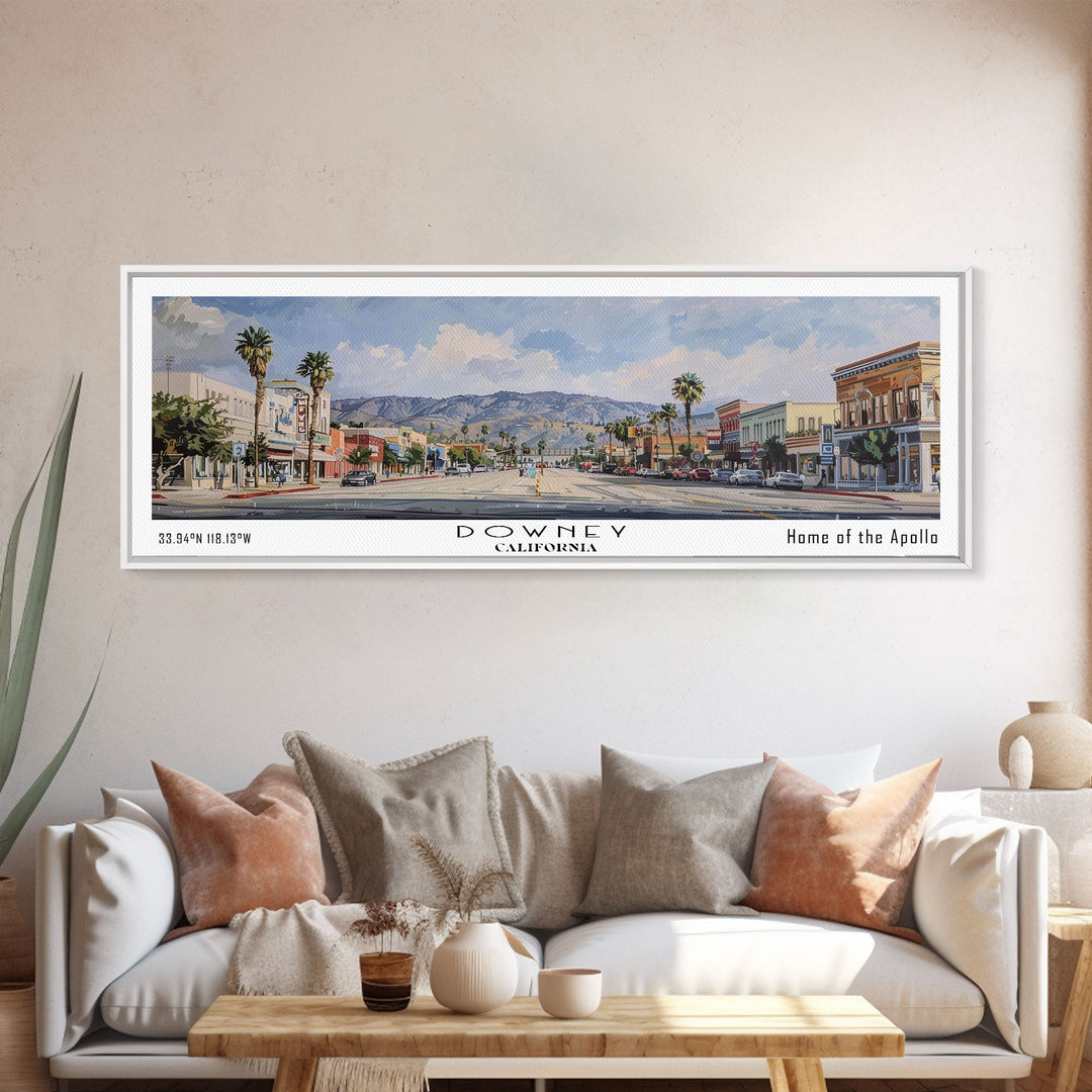 Downey California Panoramic Watercolor Painting, Scenic Framed Canvas Print, Urban Wall Art for Office, Travel Decor, City Print, Gift Idea