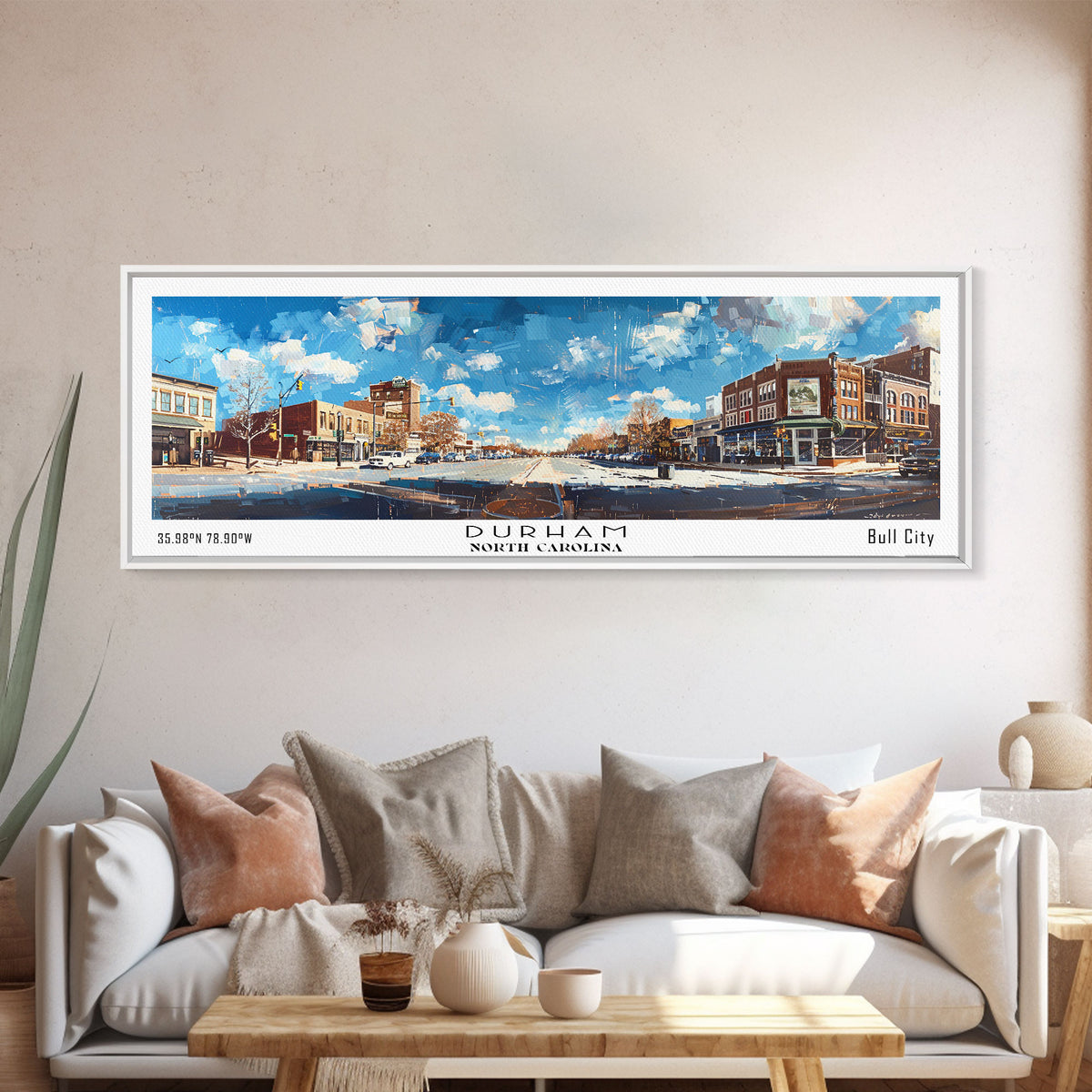 Durham North Carolina Panoramic Watercolor Painting, Scenic Framed Canvas Print, Urban Wall Art for Living Room, Travel Decor, City Print, Gift Idea