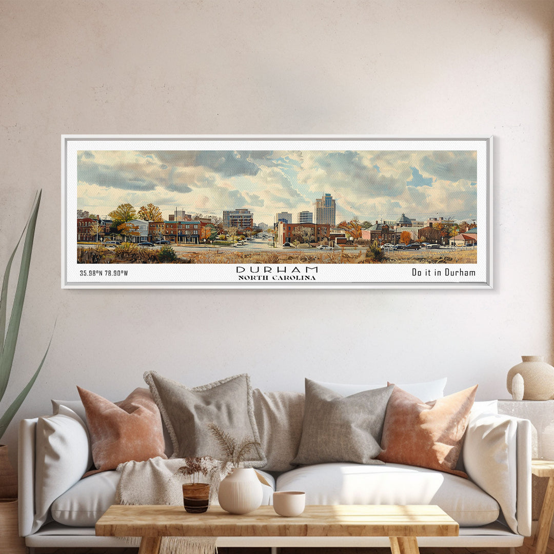 Durham North Carolina Panoramic Watercolor Painting, Scenic Framed Canvas Print, Urban Wall Art for Living Room, Travel Decor, City Print, Gift Idea