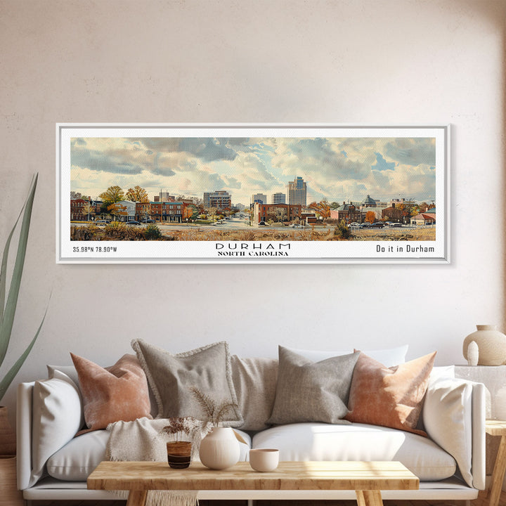 Durham North Carolina Panoramic Watercolor Painting, Scenic Framed Canvas Print, Urban Wall Art for Living Room, Travel Decor, City Print, Gift Idea