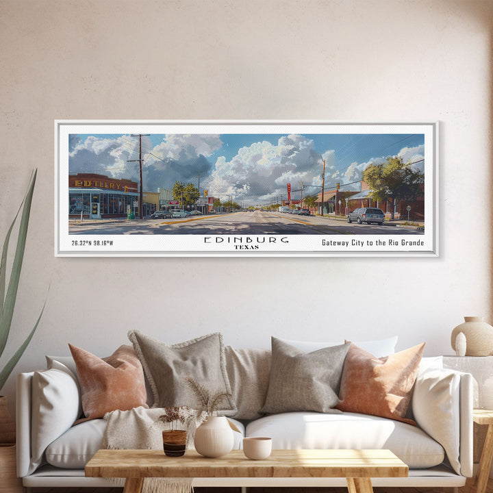 Edinburg Texas Panoramic Watercolor Painting, Scenic Framed Canvas Print, Urban Wall Art for Office, Travel Poster, Home Decor, City Gift Idea