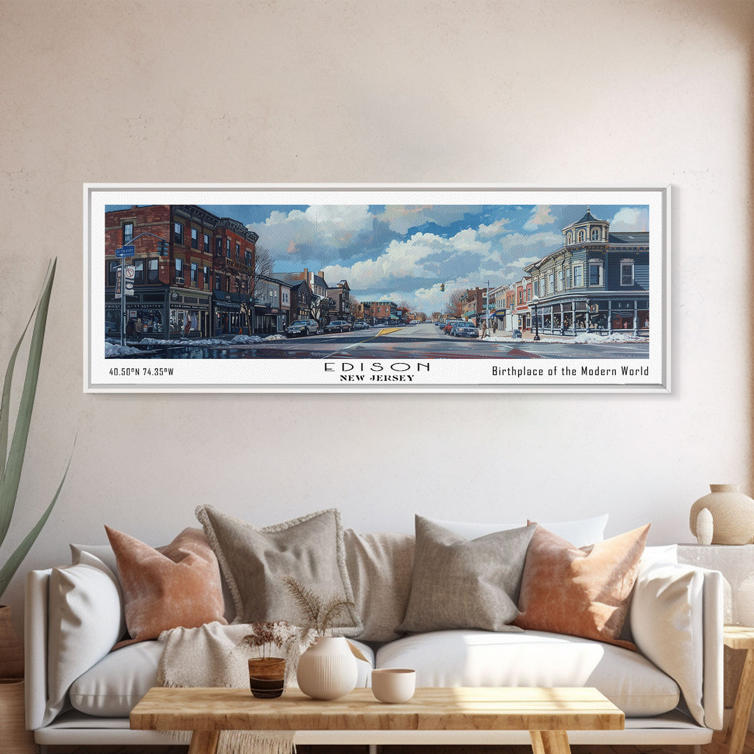 Edison New Jersey Panoramic Watercolor Painting, Scenic Framed Canvas Print, Urban Wall Art for Living Room, Travel Poster, Home Decor, City Gift Idea