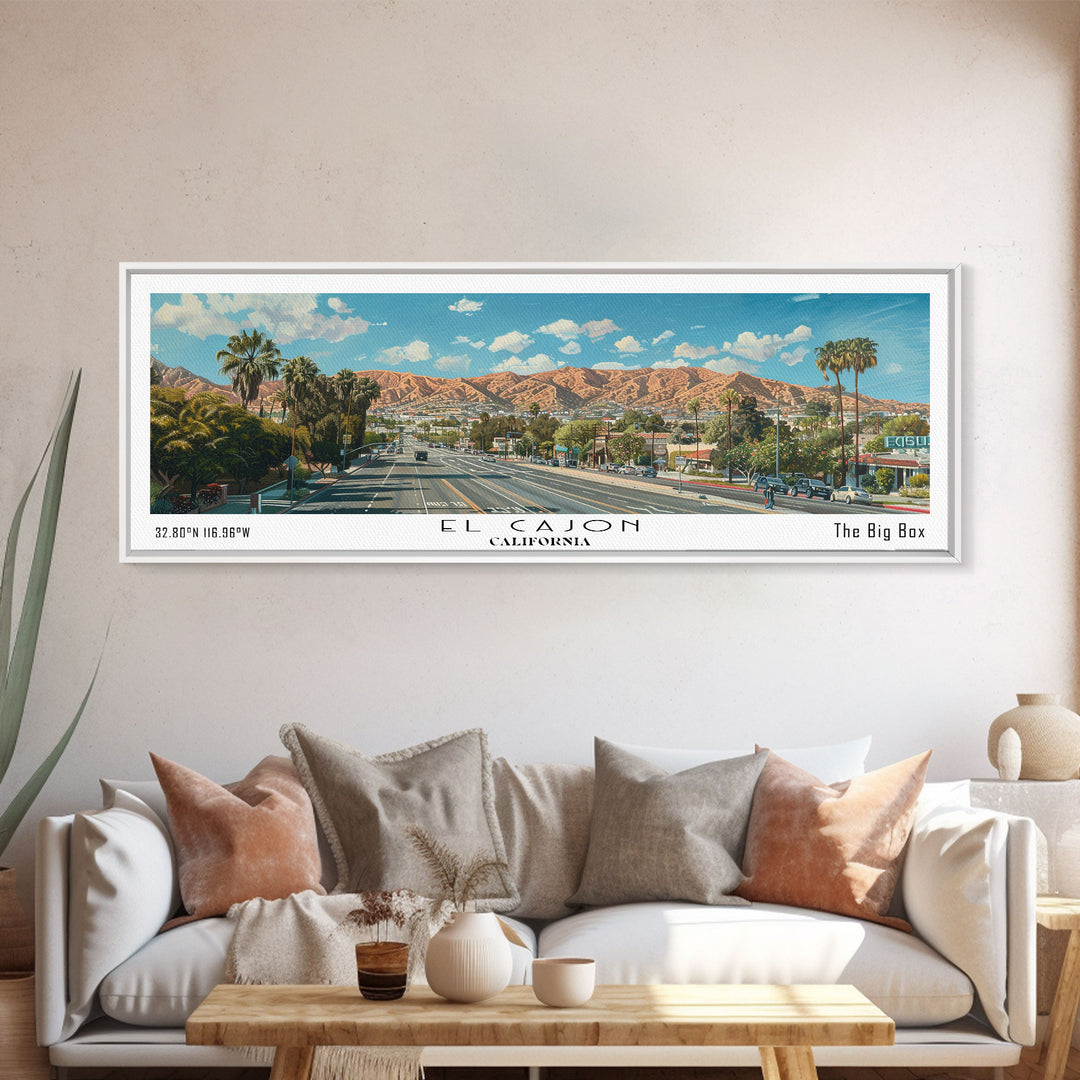 El Cajon California Panoramic Watercolor Painting, Scenic Framed Canvas Print, Urban Wall Art for Office, Travel Decor, City Print, Gift Idea