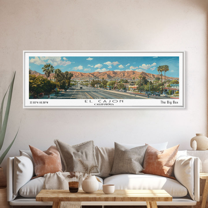 El Cajon California Panoramic Watercolor Painting, Scenic Framed Canvas Print, Urban Wall Art for Office, Travel Decor, City Print, Gift Idea
