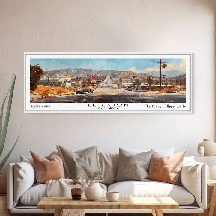 El Cajon California Panoramic Watercolor Painting, Scenic Framed Canvas Print, Urban Wall Art for Office, Travel Decor, City Print, Gift Idea