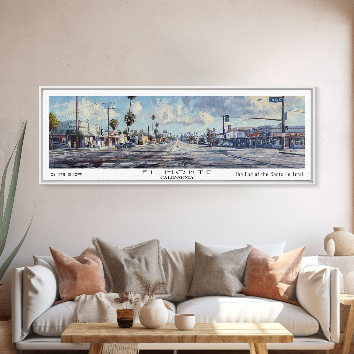 El Monte California Panoramic Watercolor Painting, Scenic Framed Canvas Print, Urban Wall Art for Office, Travel Decor, City Print, Gift Idea