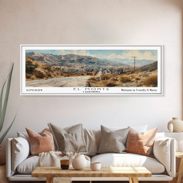 El Monte California Panoramic Watercolor Painting, Scenic Framed Canvas Print, Urban Wall Art for Office, Travel Decor, City Print, Gift Idea