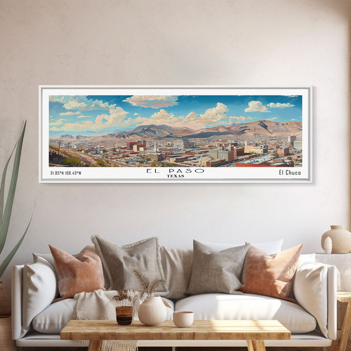 El Paso Texas Panoramic Watercolor Painting, Scenic Framed Canvas Print, Urban Wall Art for Living Room, Travel Decor, City Print, Gift Idea