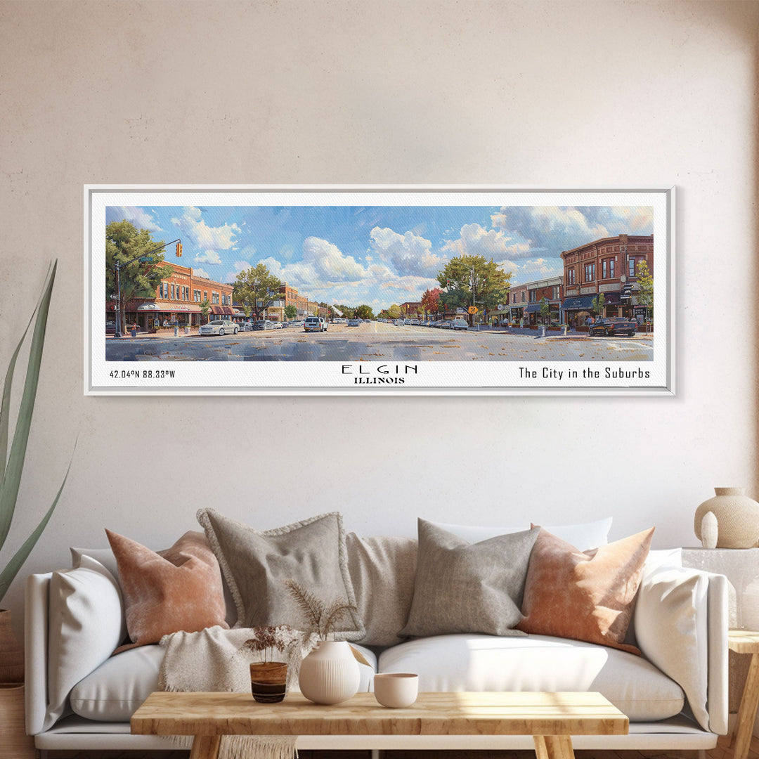 Elgin Illinois Panoramic Watercolor Painting, Scenic Framed Canvas Print, Urban Wall Art for Living Room, Travel Poster, Home Decor, City Gift Idea