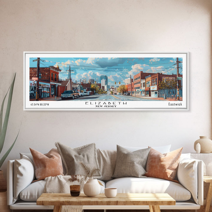 Elizabeth New Jersey Panoramic Watercolor Painting, Scenic Framed Canvas Print, Urban Wall Art for Office, Travel Decor, City Print, Gift Idea