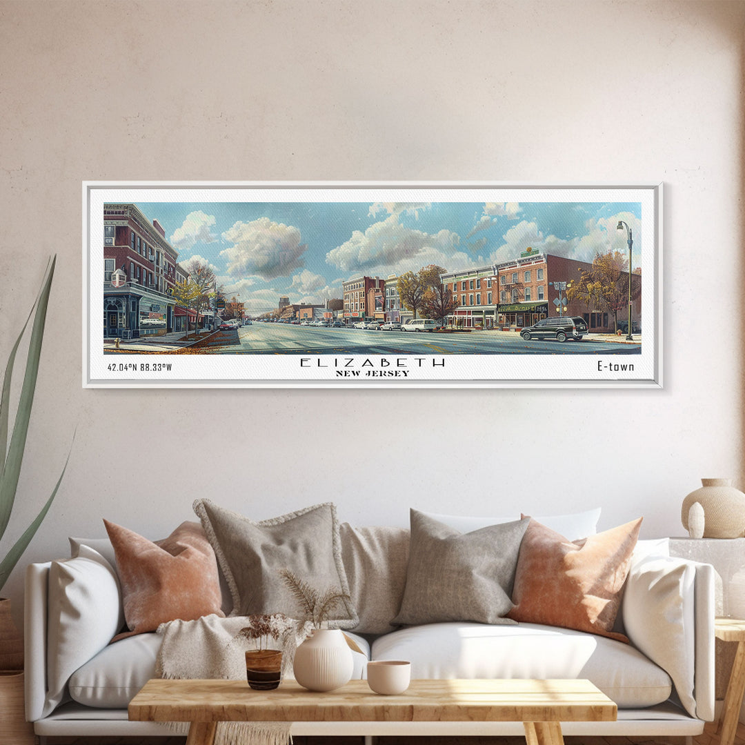 Elizabeth New Jersey Panoramic Watercolor Painting, Scenic Framed Canvas Print, Urban Wall Art for Office, Travel Decor, City Print, Gift Idea